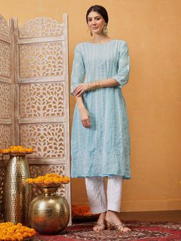 ADA - Hand Embroidered Blue Cotton Lucknowi Chikankari Anarkali A-Line Kurta