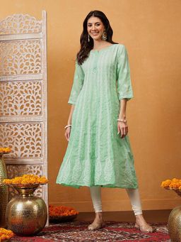 ADA - Hand Embroidered Sea Green Cotton Lucknowi Chikankari Anarkali A-Line Kurta
