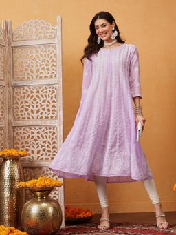 ADA - Hand Embroidered Lavender Cotton Lucknowi Chikankari Anarkali A-Line Kurta