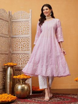 ADA - Hand Embroidered Purple Cotton Lucknowi Chikankari Anarkali A-Line Kurta