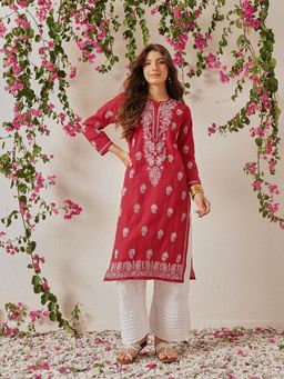 ADA - Ethnic Embroidered Lucknowi Chikankari Red Cotton Kurta