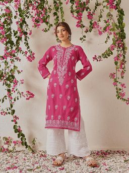 ADA - Ethnic Embroidered Lucknowi Chikankari Magenta Cotton Kurta