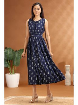 Cotton Culture - Navy Blue Cotton Printed A-Line Kurta with Belt