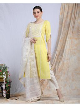 Ritivesh - Yellow Cotton Panelled A-Line Kurta