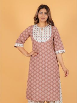 ARAMYA - Women Brown Cotton Geometric Kurta