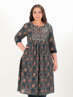 ARAMYA - Women Green Cotton Floral Kurta