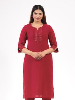 ARAMYA - Women Maroon Cotton Solid Kurta