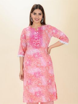 ARAMYA - Women Pink Cotton Floral Kurta