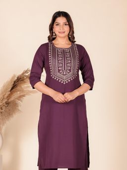 ARAMYA - Women Purple Cotton Linen Solid Kurta