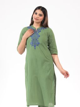 ARAMYA - Women Green Cotton Solid Kurta