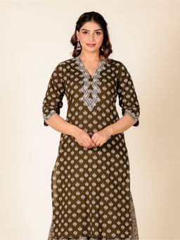 ARAMYA - Women Green Cotton Floral Kurta
