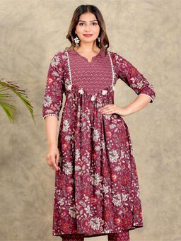 ARAMYA - Women Maroon Cotton Floral Kurta