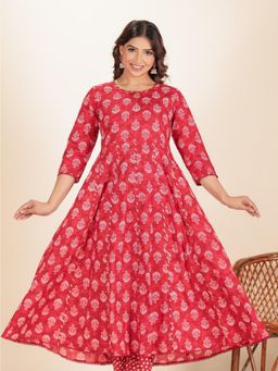 ARAMYA - Women Red Cotton Floral Kurta