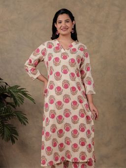 ARAMYA - Women Cream Cotton Floral Kurta