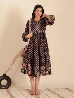 ARAMYA - Women Black Cotton Floral Kurta