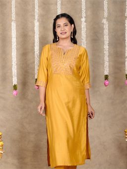 ARAMYA - Women Yellow Cotton Solid Kurta