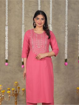 ARAMYA - Women Red Cotton Embroidered Kurta