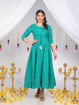 ARAMYA - Women Teal Silk Blend Printed Kurta