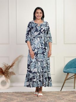 ARAMYA - Women Blue Cotton Floral Kurta