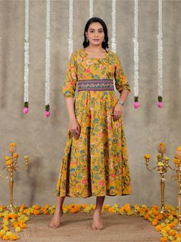 ARAMYA - Women Mustard Cotton Floral Kurta