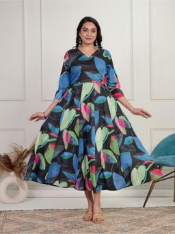 ARAMYA - Women Navy Blue Cotton Floral Kurta