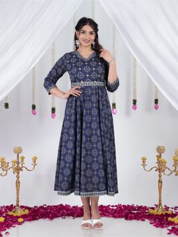 ARAMYA - Women Blue Cotton Printed Kurta