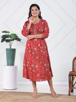 ARAMYA - Women Red Cotton Floral Kurta