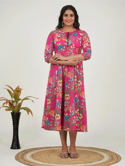 ARAMYA - Women Pink Cotton Floral Kurta