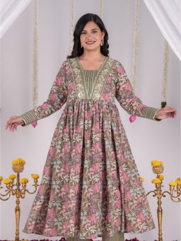ARAMYA - Women Green Cotton Floral Kurta