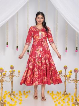 ARAMYA - Women Red Cotton Floral Kurta