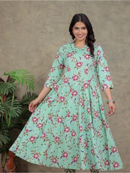 ARAMYA - Women Green Cotton Floral Kurta
