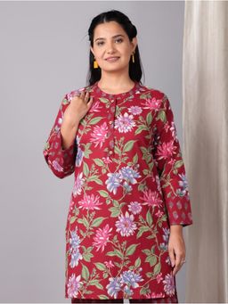ARAMYA - Women Red Cotton Floral Kurta