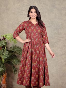 ARAMYA - Women Red Cotton Geometric Kurta