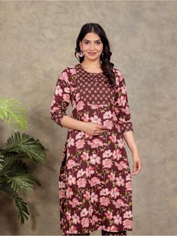 ARAMYA - Women Maroon Cotton Floral Kurta