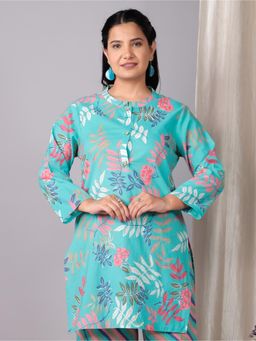 ARAMYA - Women Turquoise Cotton Printed Kurta