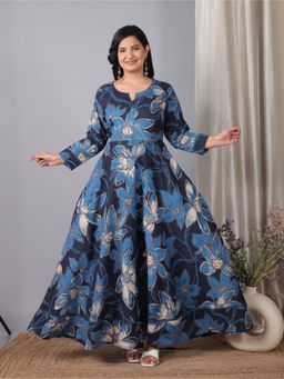 ARAMYA - Women Blue Cotton Floral Kurta