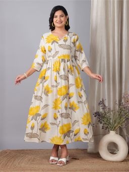 ARAMYA - Women Off White Cotton Linen Floral Kurta