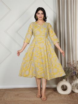 ARAMYA - Women Yellow Cotton Floral Kurta