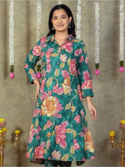 ARAMYA - Women Green Cotton Floral Kurta
