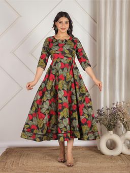 ARAMYA - Women Black Cotton Floral Kurta
