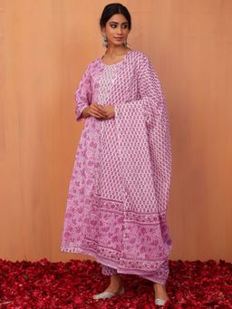 Indya - Lavender Floral Jaal Print Cotton Anarkali Kurta with Pants and Dupatta (Set of 3)