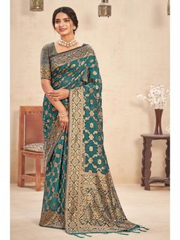 Sangam Prints - Sky Blue Cotton Woven Zari Work Traditional Tassel Saree with Unstitched Blouse