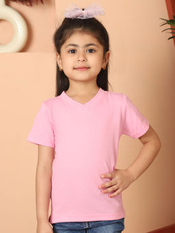 Mini & Ming - Girls Pink Solid Cotton Knitted V-Neck T-Shirt