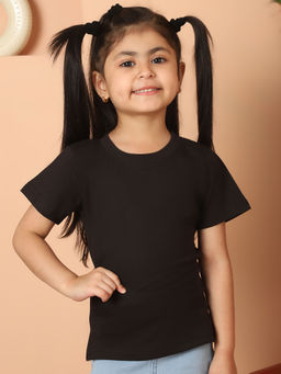 Mini & Ming - Girls Black Solid Cotton Knitted Round Neck T-Shirt