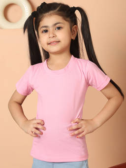 Mini & Ming - Girls Pink Solid Cotton Knitted Round Neck T-Shirt