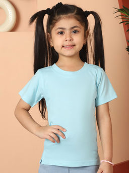 Mini & Ming - Girls Turquoise Solid Cotton Knitted Round Neck T-Shirt