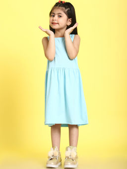 Mini & Ming - Girls Turquoise Solid Cotton Knitted Sleeveless Dress