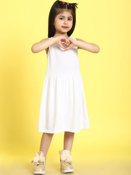 Mini & Ming - Girls White Solid Cotton Knitted Sleeveless Dress