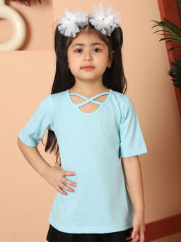 Mini & Ming - Girls Turquoise Solid Cotton Neck Cut-Out Detail Top