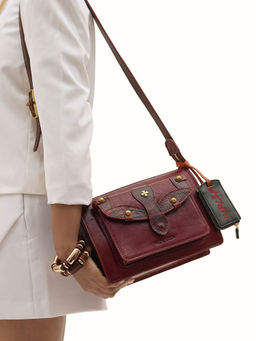Hidesign - Maroon Genuine Leather Womens Sling Bag with Detachable Pouch